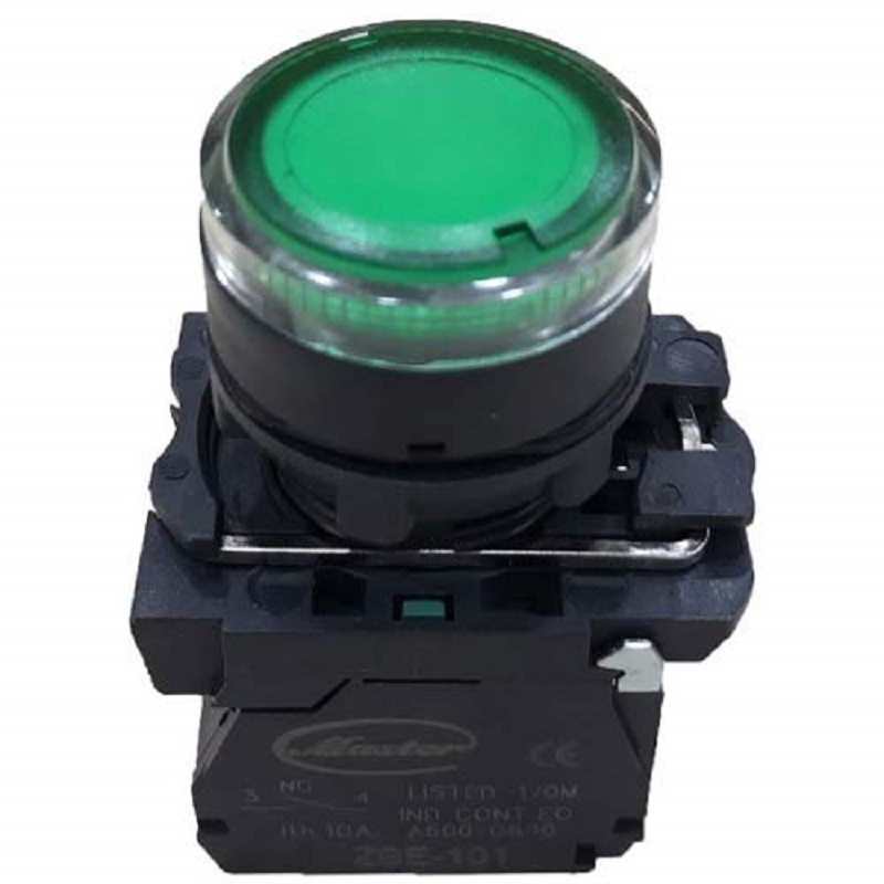 Nút nhấn ON có đèn 220VAC (1NO, Xanh lá), MT-PG-A101L Master